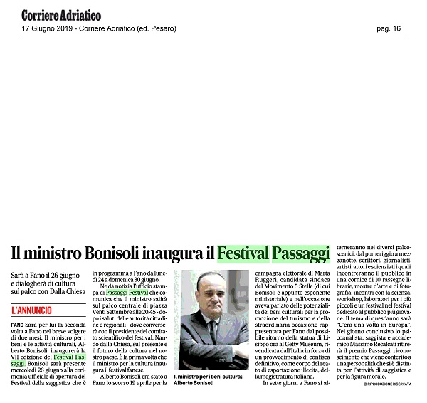 Corriere Adriatico / Il Ministro Bonisoli inaugura il Festival Passaggi