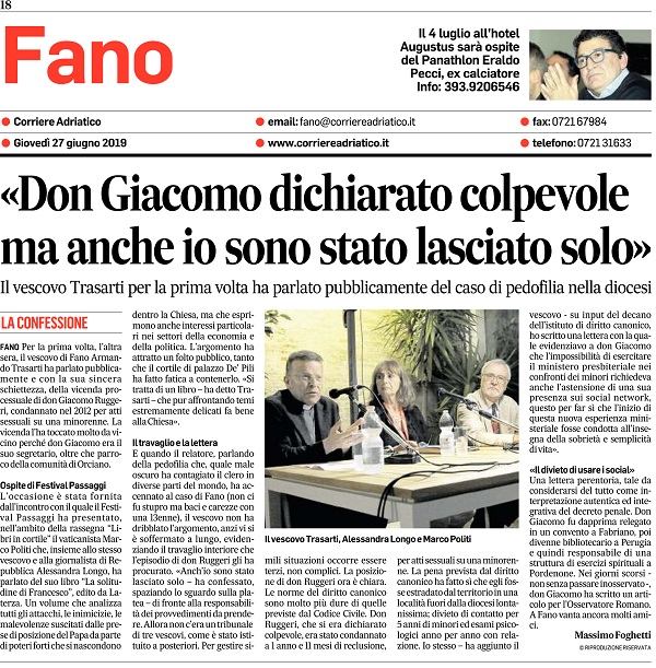 Corriere Adriatico / “Don Giacomo dichiarato colpevole ma anche io sono stato lasciato solo”