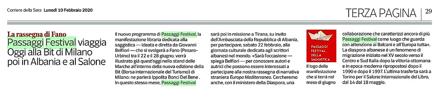 Corriere della Sera / Passaggi Festival viaggia. Oggi alla Bit di Milano poi in Albania e al Salone