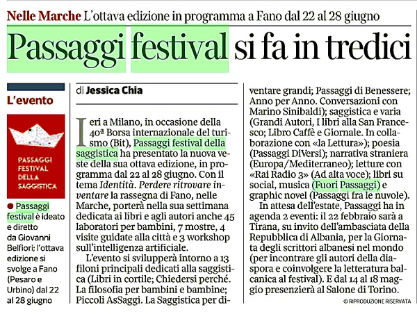 Corriere della Sera / Passaggi festival si fa in tredici