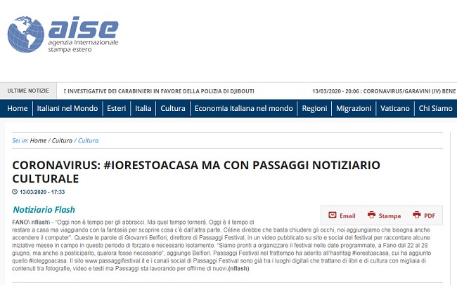 Aise.it / Coronavirus: #iorestoacasa ma con Passaggi notiziario culturale