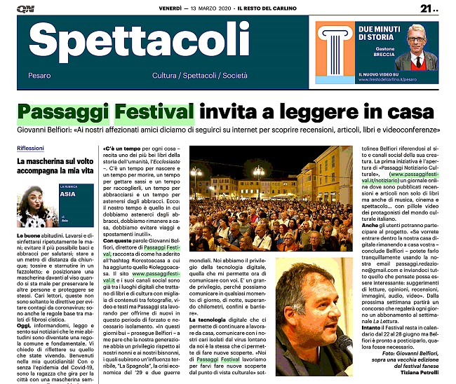 Il Resto del Carlino / Passaggi Festival invita a leggere in casa
