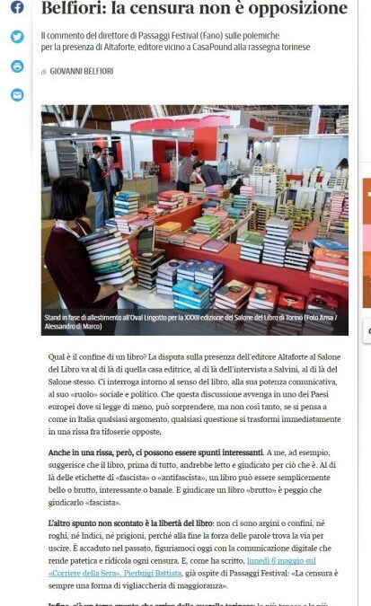 Polemica al Salone del Libro Speciale Belfiori: la censura non è opposizione