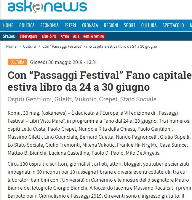 Con “Passaggi Festival” Fano capitale estiva libro da 24 a 30 giugno