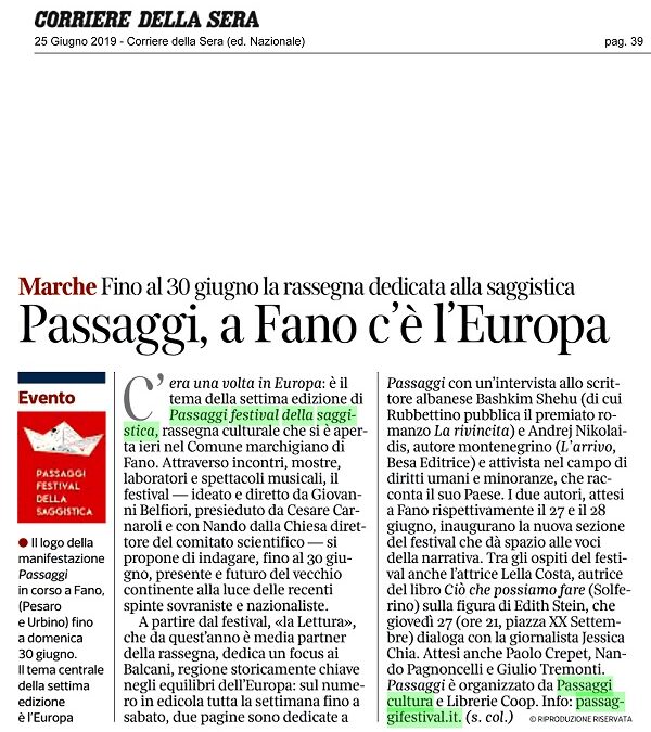 Corriere della Sera / Passaggi, a Fano c’è l’Europa