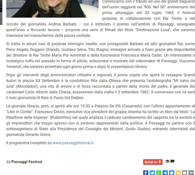 Vivere Fano / Rita Dalla Chiesa a Passaggi Festival: il programma della terza giornata