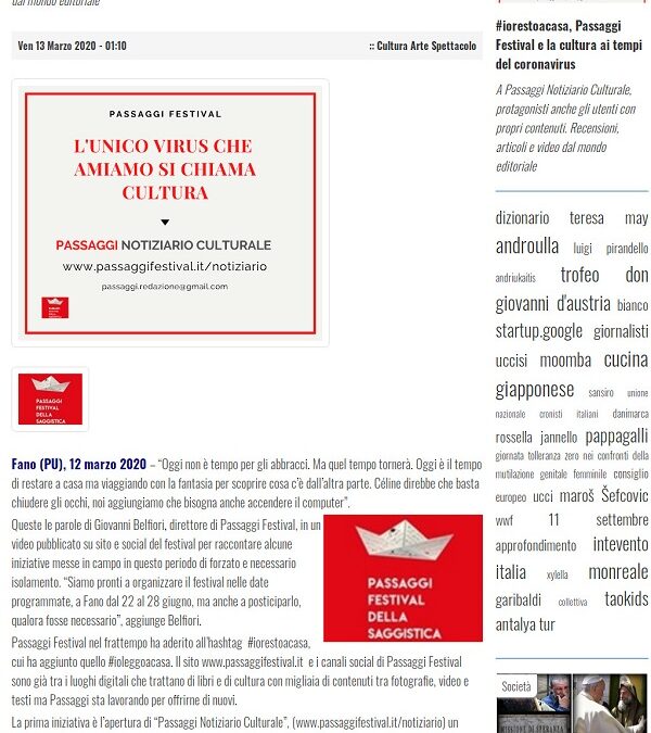 Paese Italia Press / #iorestoacasa, Passaggi Festival e la cultura ai tempi del coronavirus