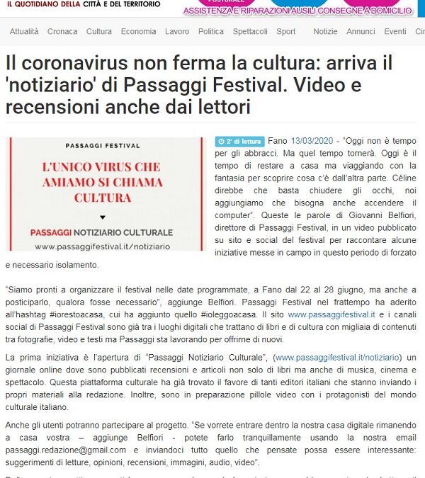 Vivere Fano / Il coronavirus non ferma la cultura: arriva il notiziario di Passaggi Festival