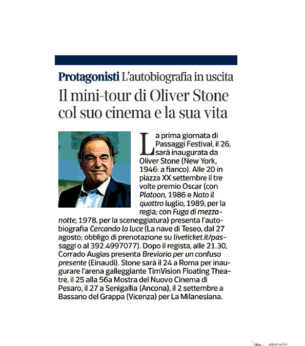 Corriere della Sera / La Lettura – Il mini-tour di Oliver Stone col suo cinema e la sua vita