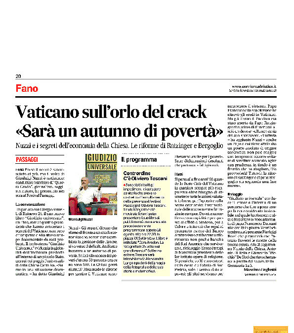 Corriere Adriatico – Vaticano sull’orlo del crack “Sarà un autunno di povertà”